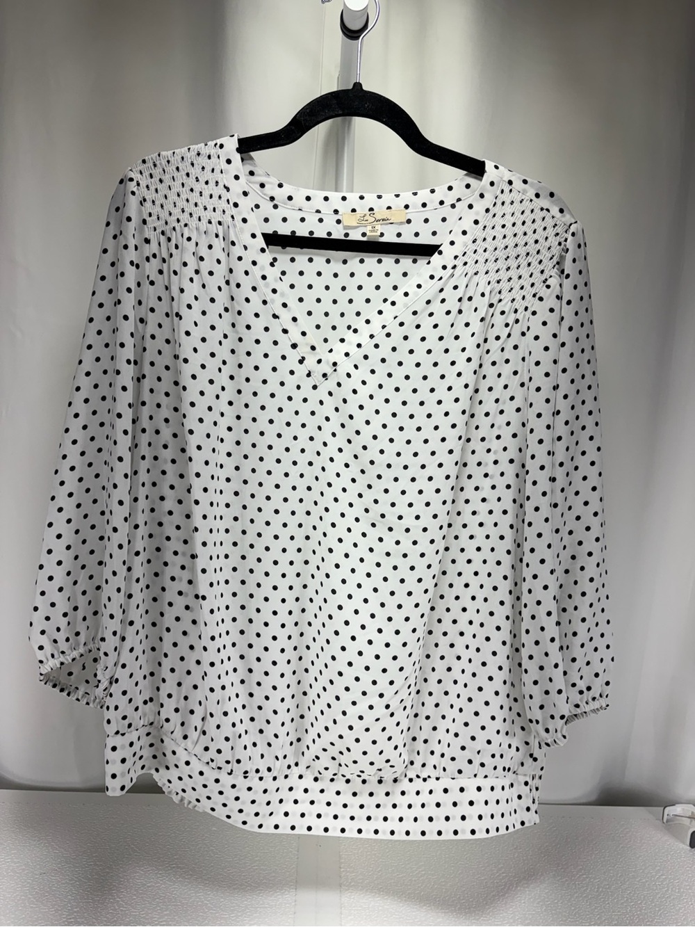 Polka Dot V-Neck Blouse with Smocked Shoulders - White/Black 4680